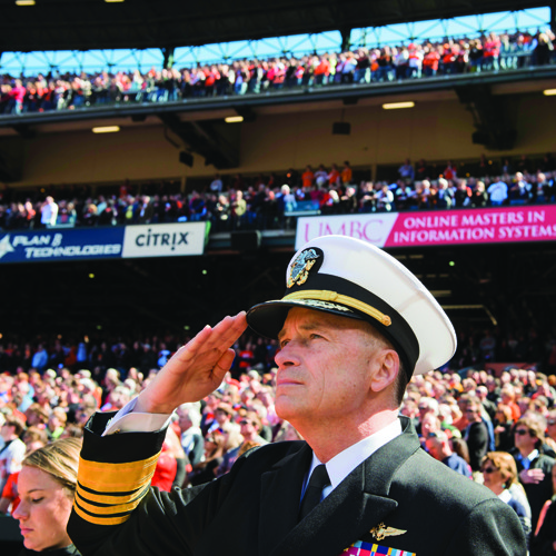 Adm. James "Sandy" Winnefeld Jr. attends the Baltimore Orioles' opening day game against the Boston Red Sox at Camden Yards, where he threw out the ceremonial first pitch.